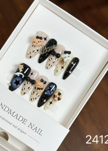 241233#Leopard Print Black Leather Long Pointed Nails