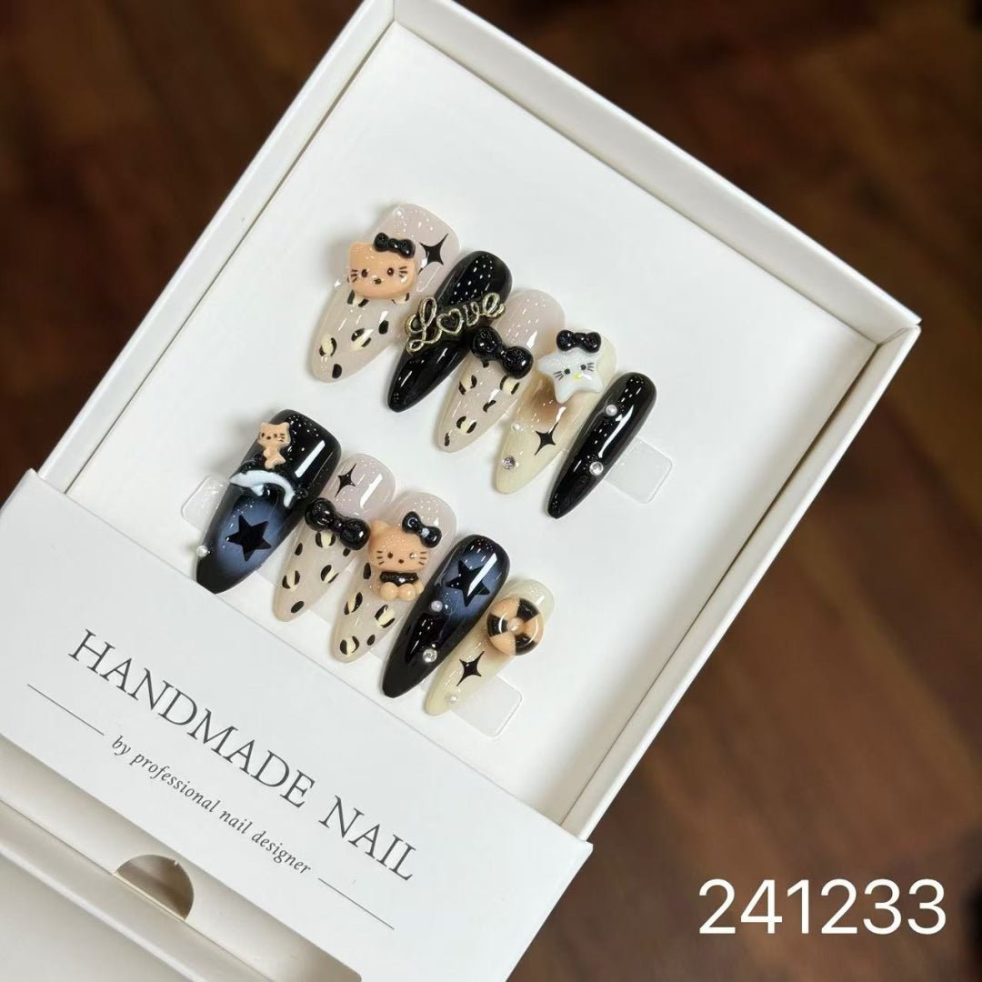 241233#Leopard Print Black Leather Long Pointed Nails