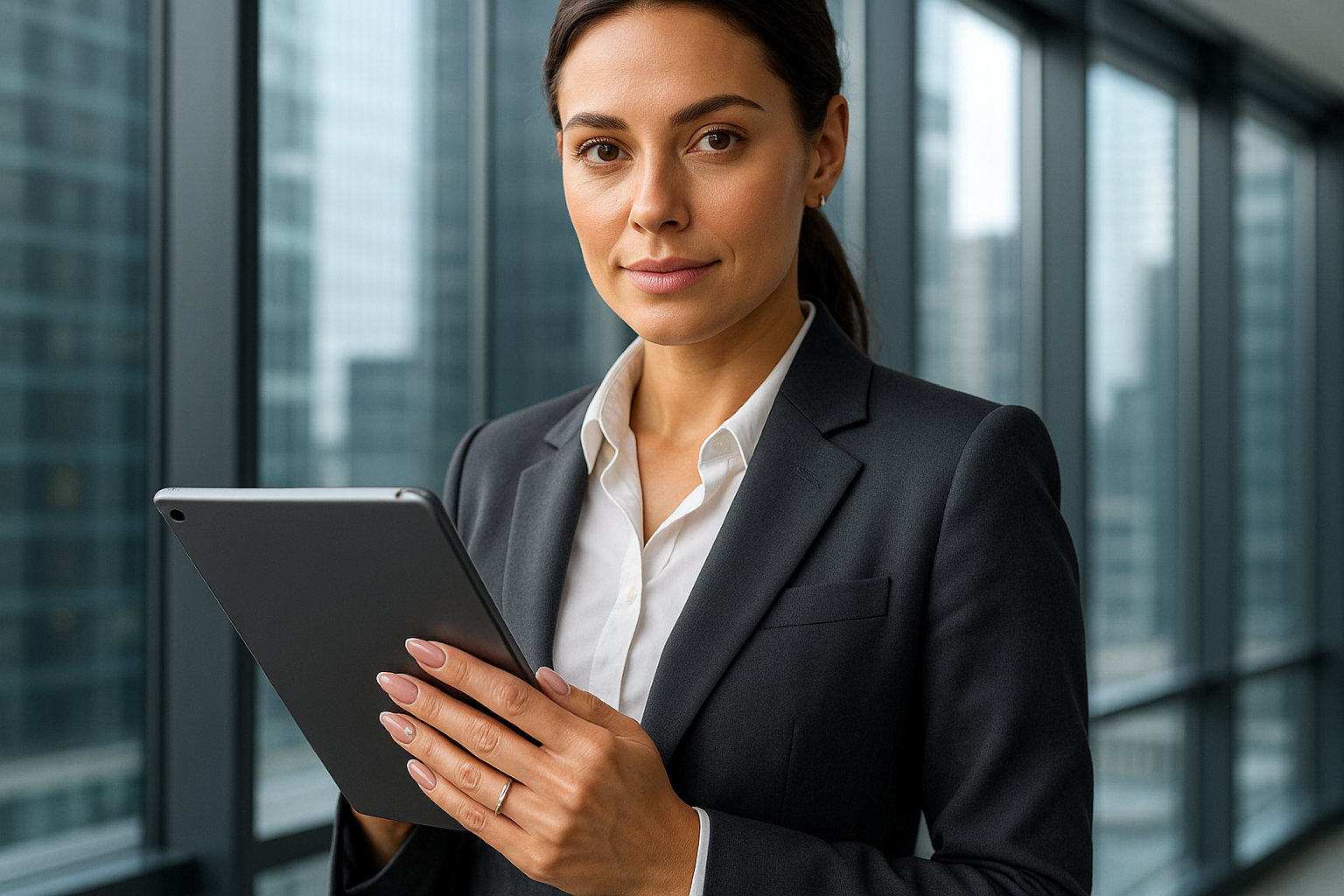 20250702 2344 stylish businesswoman with tablet simple compose 01jz5wvsg7ergsaxmq22ad28zj